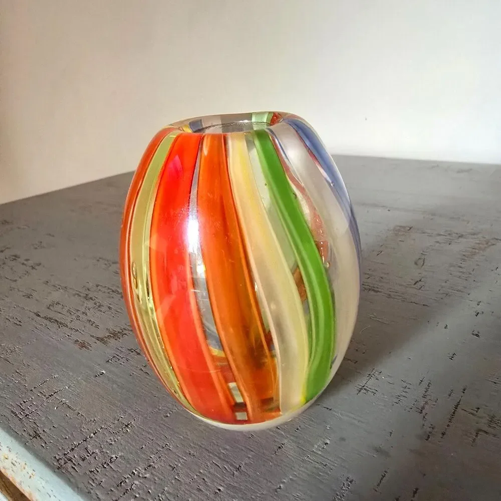 Vintage Hand Blown Art Glass Bud Vase Rainbow Swirl Murano Style Mini 3
